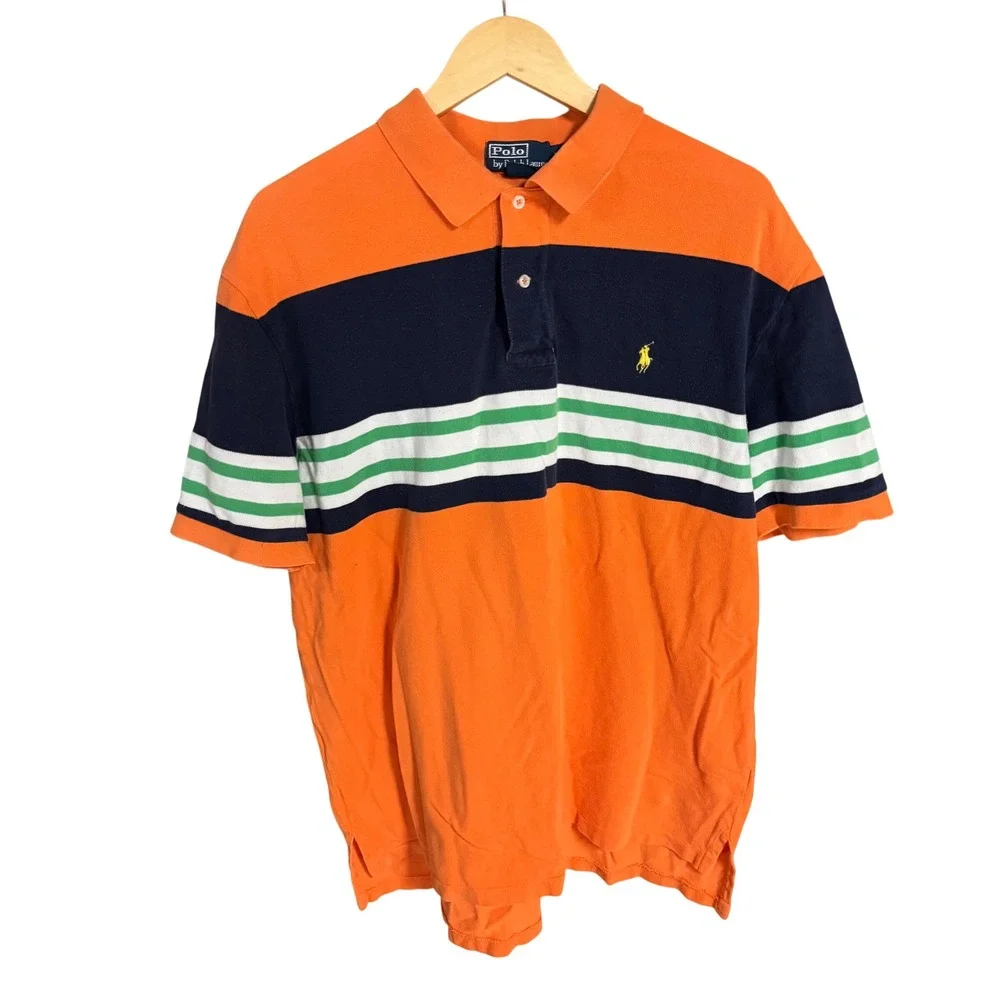 Polo‎ Ralph Lauren Mens XXL Orange Navy Blue Striped Colorblock Pique Polo Shirt